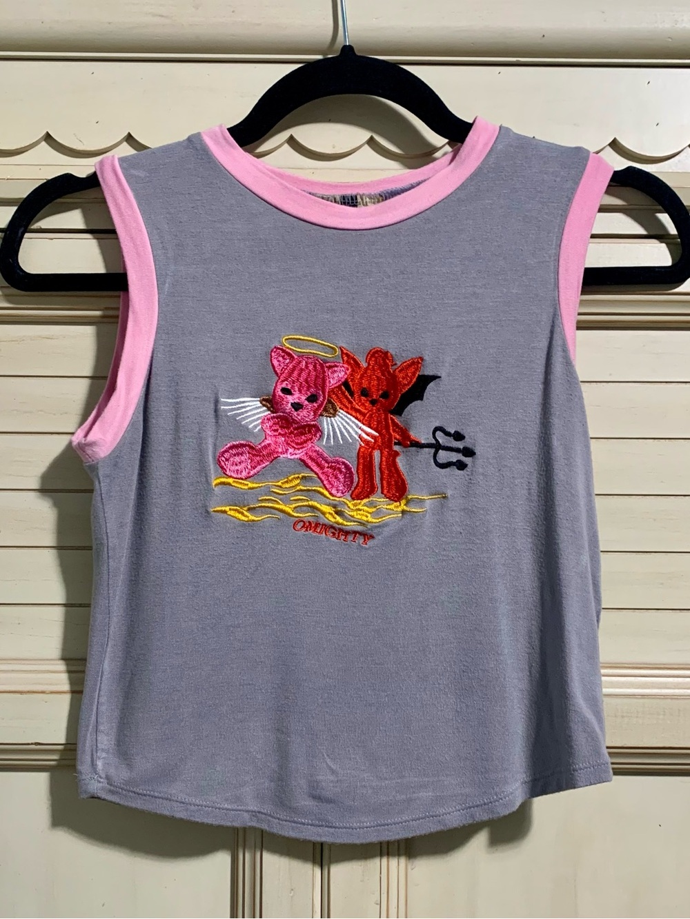 Omighty Grey Tank Top With Embroidered Angel & Devil Women’s Size Small Rare